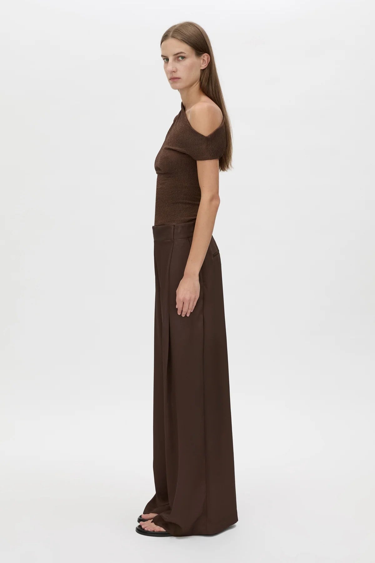 Aaron Pant Espresso by Camilla and Marc, wide-leg recycled polyester pants with structured pleats and smooth drape.