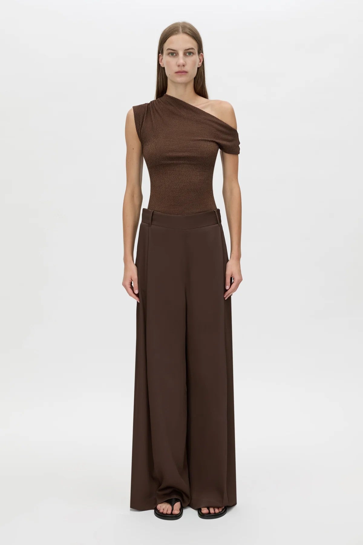 Aaron Pant Espresso by Camilla and Marc, wide-leg recycled polyester pants with structured pleats and smooth drape.