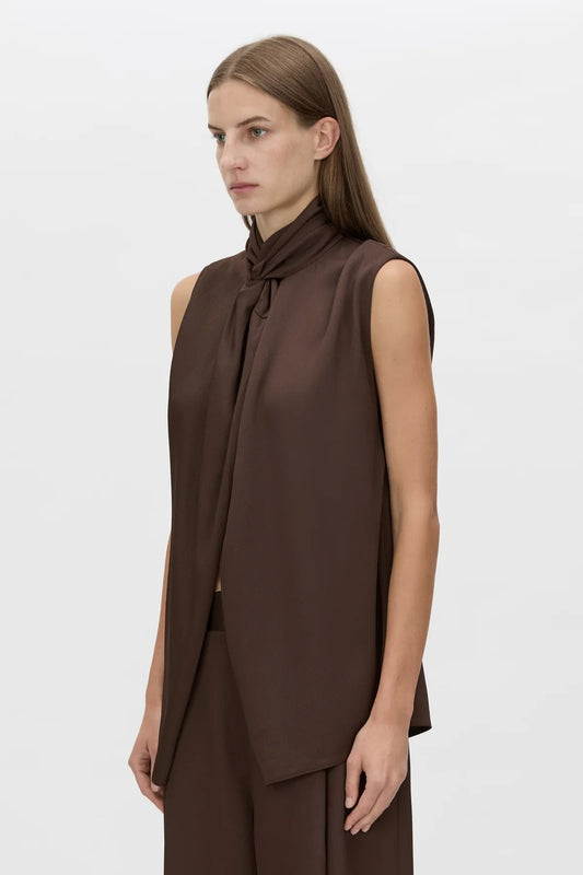 Aaron Top Espresso by Camilla and Marc, deep brown sleeveless top featuring refined twist detail and modern tailored finish.