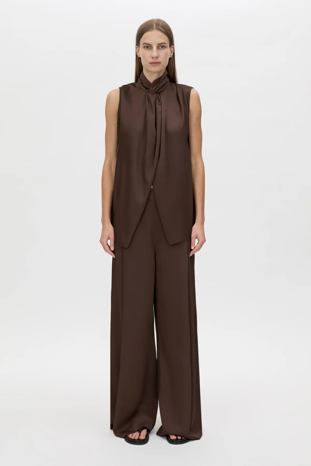 Aaron Top Espresso by Camilla and Marc, deep brown sleeveless top featuring refined twist detail and modern tailored finish.