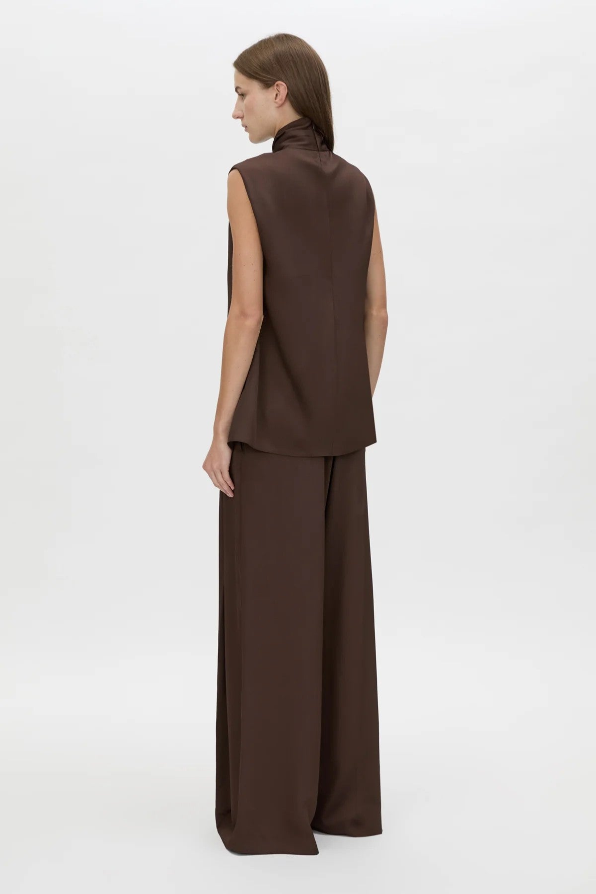 Aaron Top Espresso by Camilla and Marc, deep brown sleeveless top featuring refined twist detail and modern tailored finish.
