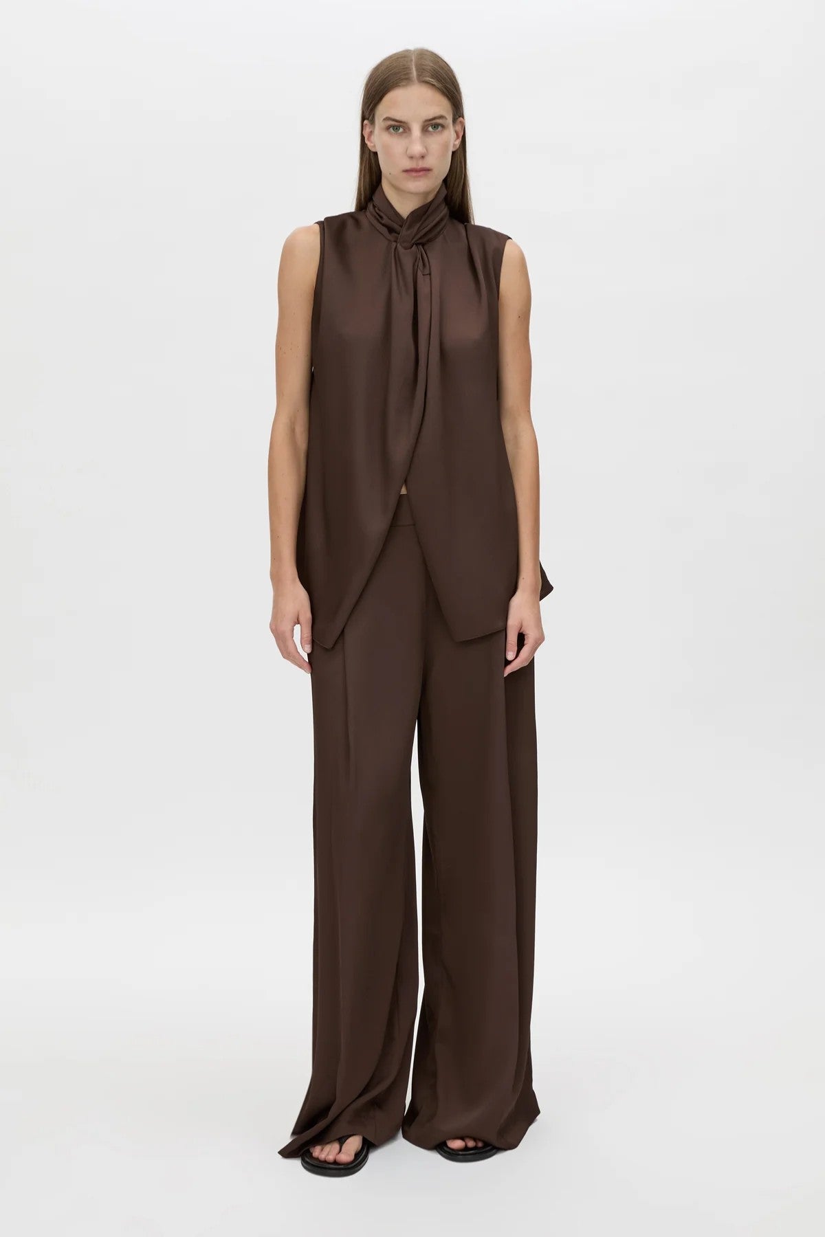 Aaron Top Espresso by Camilla and Marc, deep brown sleeveless top featuring refined twist detail and modern tailored finish.