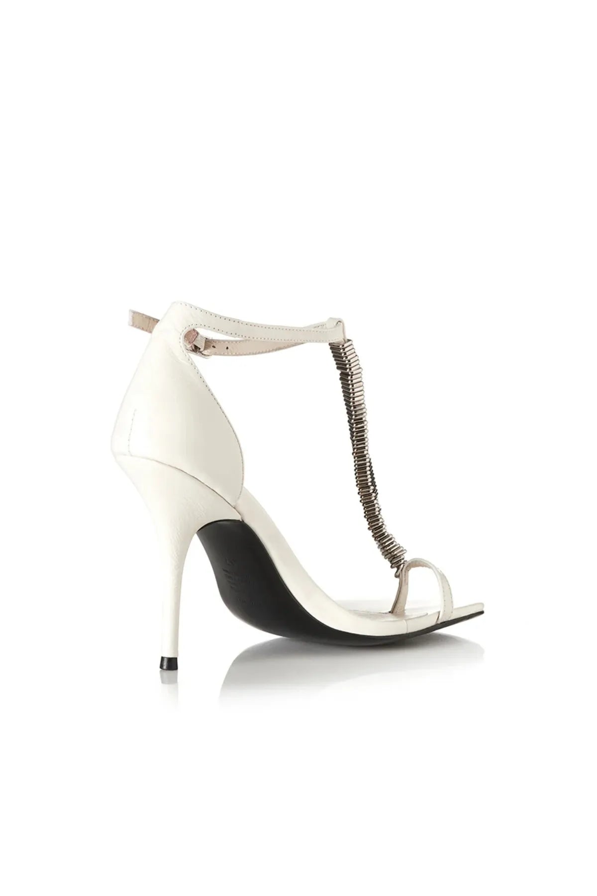Abel Heel by Alias Mae, a bone leather stiletto with metal T-bar detail and ankle strap. Perfect for weddings or night events.