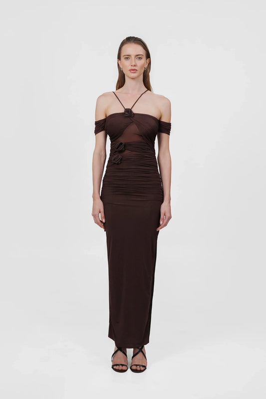 Abisso Dress in Wood by Maygel Coronel, a sculptural sheer dress with floral details and ruched straps. Perfect for destination events.

