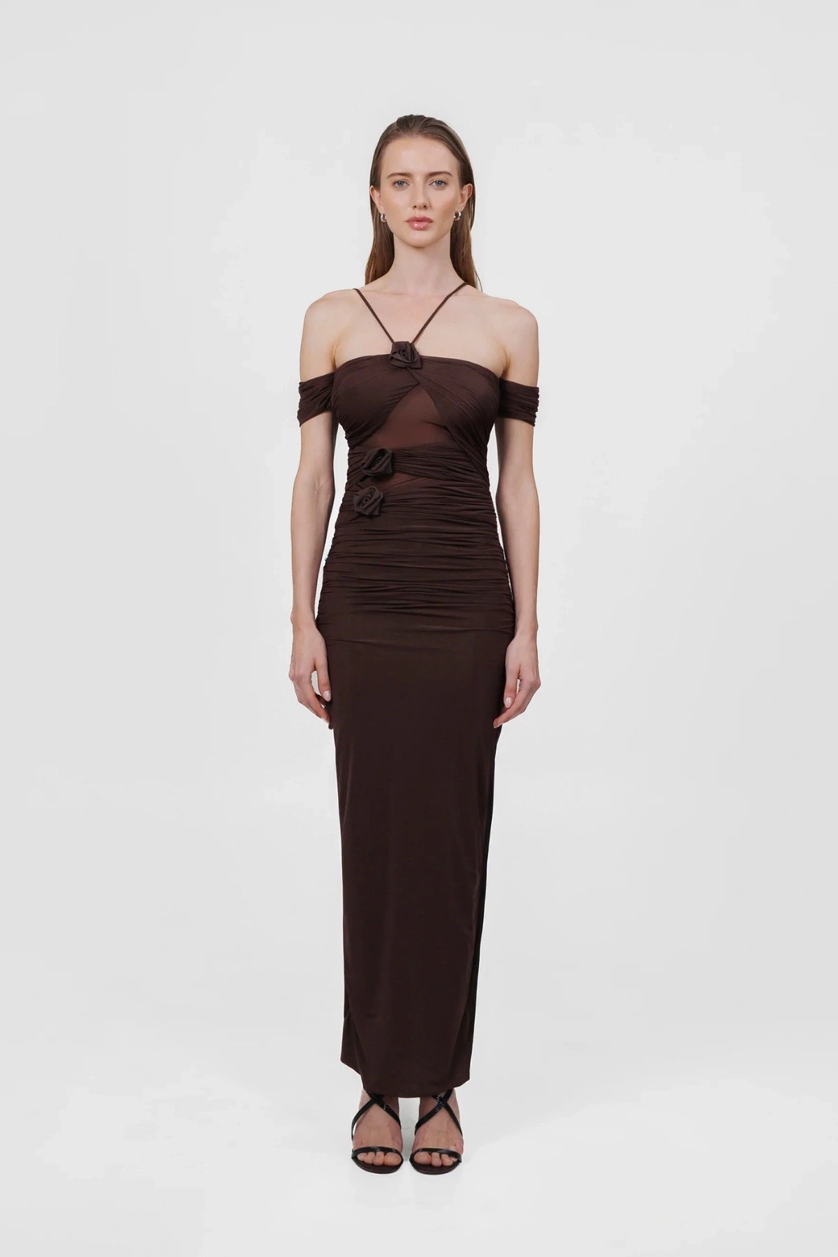 Abisso Dress in Wood by Maygel Coronel, a sculptural sheer dress with floral details and ruched straps. Perfect for destination events.
