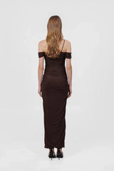 Abisso Dress in Wood by Maygel Coronel, a sculptural sheer dress with floral details and ruched straps. Perfect for destination events.
 