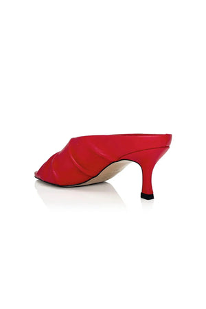 Adarli Heel in Scarlet Leather by Alias Mae, a ruched peep-toe leather heel with 7cm sculptural height, perfect for elevated daywear or standout events.