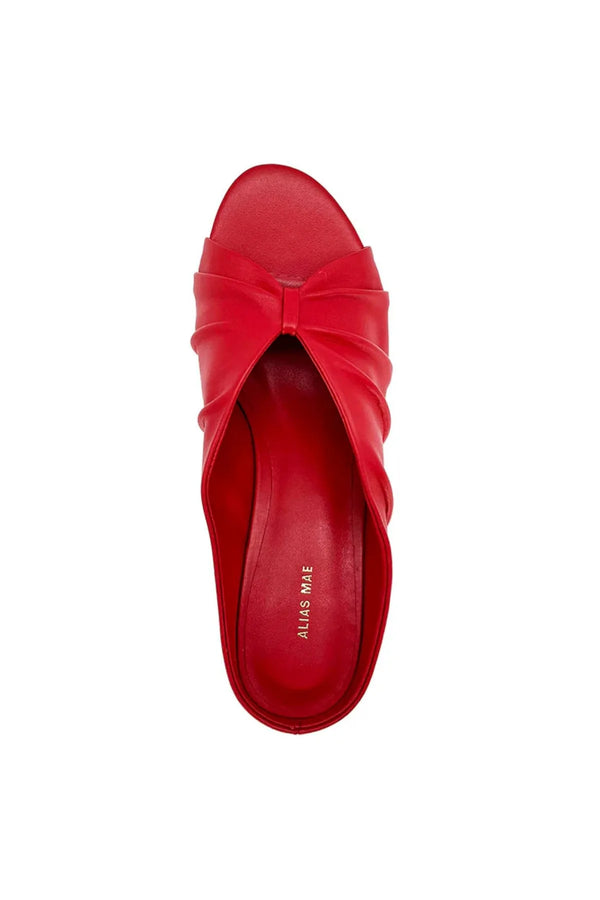 Adarli Heel in Scarlet Leather by Alias Mae, a ruched peep-toe leather heel with 7cm sculptural height, perfect for elevated daywear or standout events.