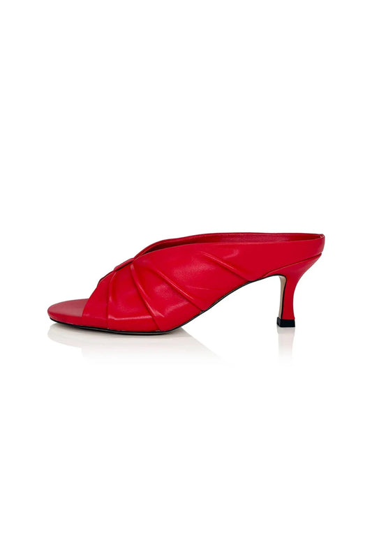 Adarli Heel in Scarlet Leather by Alias Mae, a ruched peep-toe leather heel with 7cm sculptural height, perfect for elevated daywear or standout events.