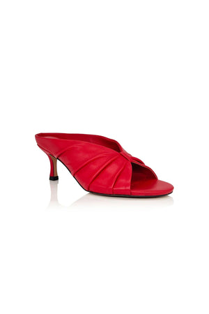 Adarli Heel in Scarlet Leather by Alias Mae, a ruched peep-toe leather heel with 7cm sculptural height, perfect for elevated daywear or standout events.