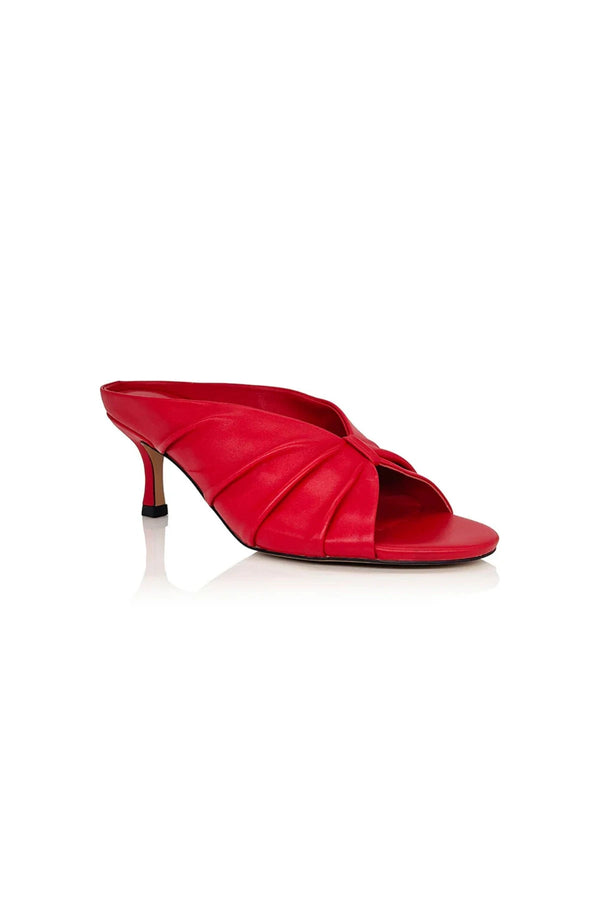 Adarli Heel in Scarlet Leather by Alias Mae, a ruched peep-toe leather heel with 7cm sculptural height, perfect for elevated daywear or standout events.