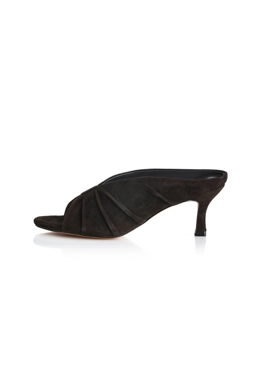 Adarli by Alias Mae, a chocolate suede ruched leather heel with peep toe and 7cm lift. Perfect for weddings, events, or nights out.