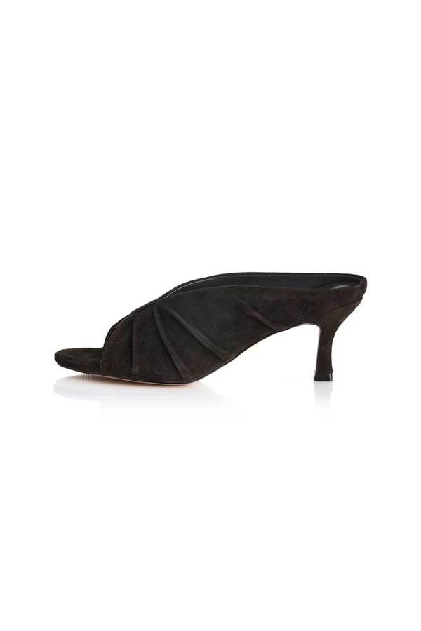 Adarli by Alias Mae, a chocolate suede ruched leather heel with peep toe and 7cm lift. Perfect for weddings, events, or nights out.