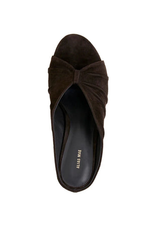 Adarli by Alias Mae, a chocolate suede ruched leather heel with peep toe and 7cm lift. Perfect for weddings, events, or nights out.