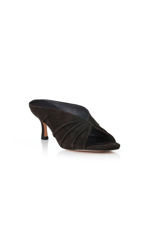 Adarli by Alias Mae, a chocolate suede ruched leather heel with peep toe and 7cm lift. Perfect for weddings, events, or nights out.