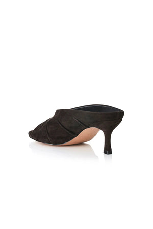 Adarli by Alias Mae, a chocolate suede ruched leather heel with peep toe and 7cm lift. Perfect for weddings, events, or nights out.