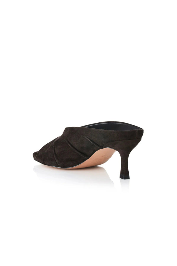 Adarli by Alias Mae, a chocolate suede ruched leather heel with peep toe and 7cm lift. Perfect for weddings, events, or nights out.