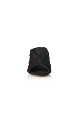 Adarli by Alias Mae, a chocolate suede ruched leather heel with peep toe and 7cm lift. Perfect for weddings, events, or nights out.
