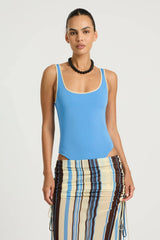 Addison Bodysuit by Benni, ocean blue racer bodysuit with deep plunge neckline, low scoop back and smooth form-fitting stretch.