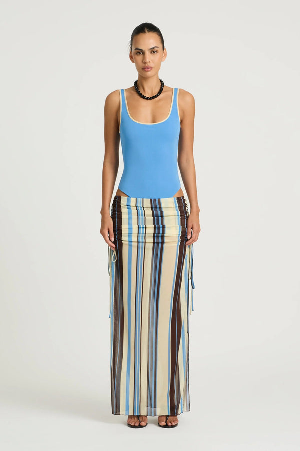 Addison Bodysuit by Benni, ocean blue racer bodysuit with deep plunge neckline, low scoop back and smooth form-fitting stretch.