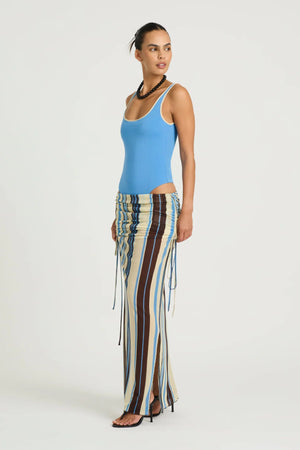 Addison Bodysuit by Benni, ocean blue racer bodysuit with deep plunge neckline, low scoop back and smooth form-fitting stretch.