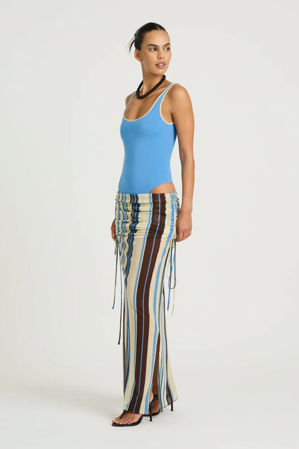 Addison Bodysuit by Benni, ocean blue racer bodysuit with deep plunge neckline, low scoop back and smooth form-fitting stretch.