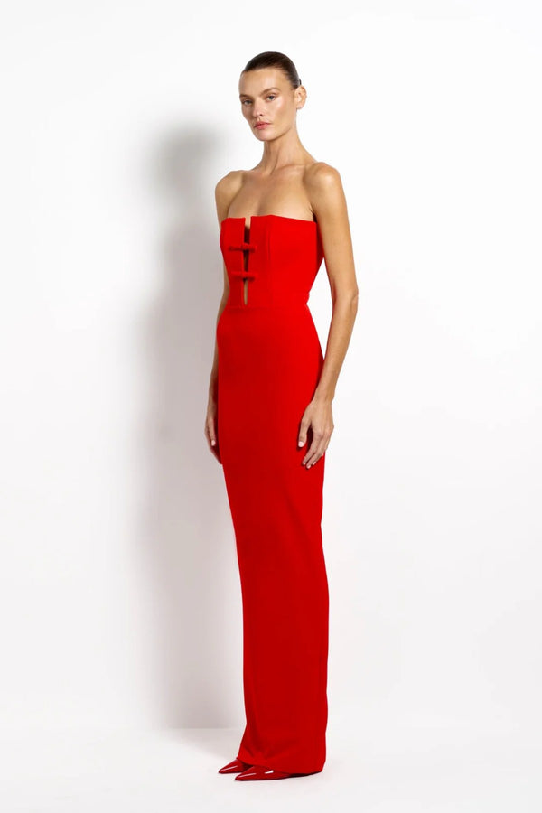 Addison Gown Cherry Red by Effie Kats - black crepe gown with fluid drape and long silhouette, designed for a refined modern look.