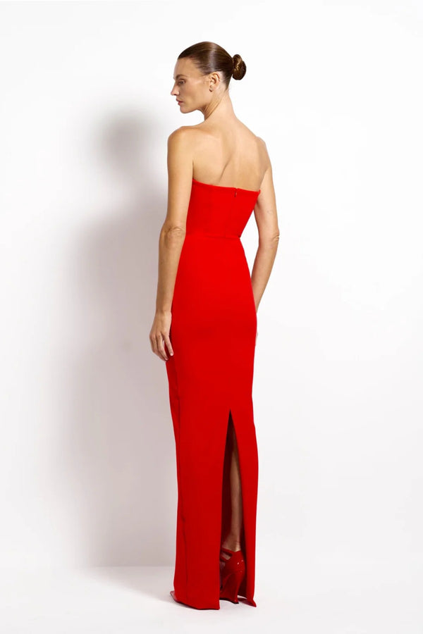 Addison Gown Cherry Red by Effie Kats - black crepe gown with fluid drape and long silhouette, designed for a refined modern look.
