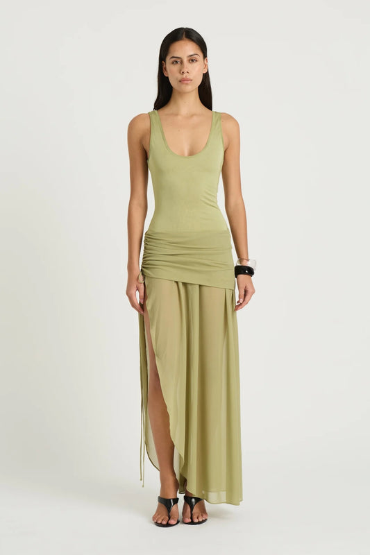 Addison Maxi Dress Pistachio by Benni, sheer scoop-neck maxi with plunge back and ruched tie mini skirt underlay, a chic trendy look for summer events.