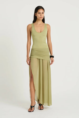 Addison Maxi Dress Pistachio by Benni, sheer scoop-neck maxi with plunge back and ruched tie mini skirt underlay, a chic trendy look for summer events.