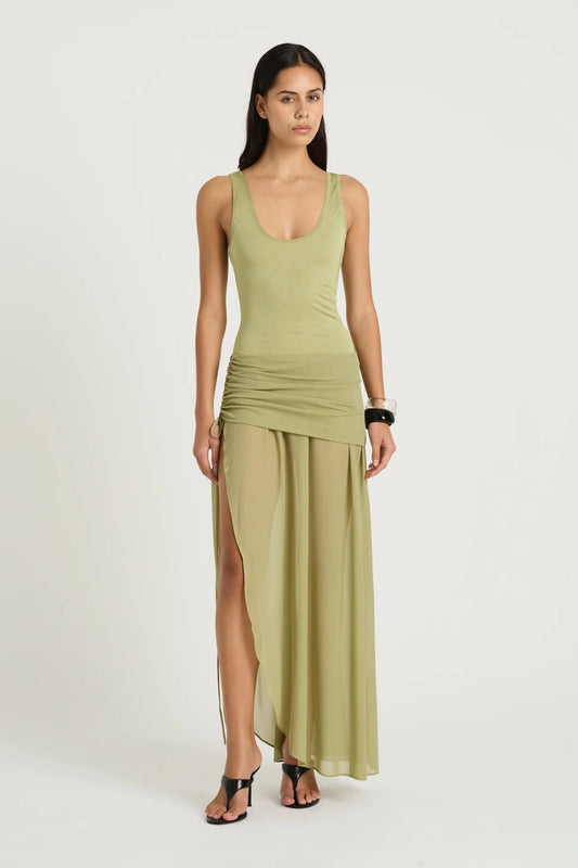 Addison Maxi Dress Pistachio by Benni, sheer scoop-neck maxi with plunge back and ruched tie mini skirt underlay, a chic trendy look for summer events.