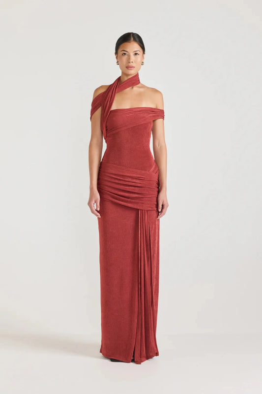 Addonia Dress Sangria by Tojhà, off-shoulder jersey maxi with wrap bust, hip tie and leg split, a trendy piece perfect for evenings or statement events.