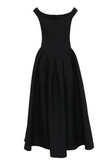 Adoration Maxi Dress Black by Mossman, off-shoulder corset maxi with pleated A-line skirt and pockets, a trendy piece perfect for formal events or evenings.