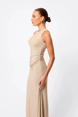 Adore You Maxi Dress by Mossman, a metallic jersey racer maxi with twist waist and fluid skirt that shimmers for weddings or evening events. 