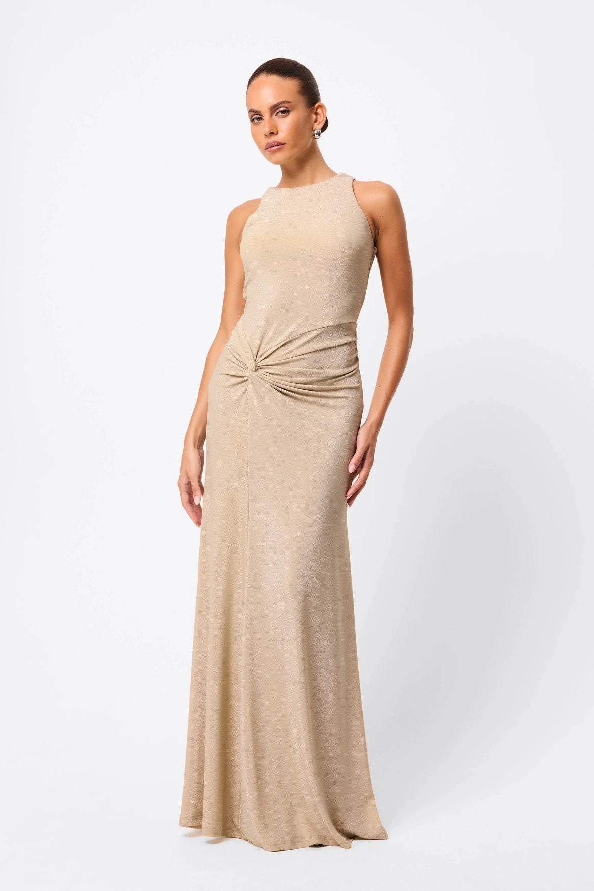 Adore You Maxi Dress by Mossman, a metallic jersey racer maxi with twist waist and fluid skirt that shimmers for weddings or evening events. 