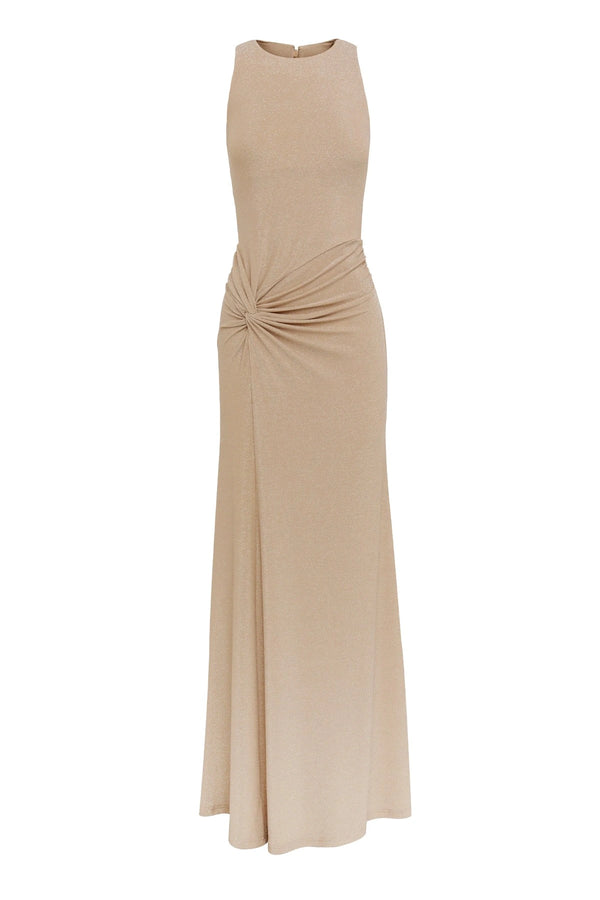 Adore You Maxi Dress by Mossman, a metallic jersey racer maxi with twist waist and fluid skirt that shimmers for weddings or evening events. 