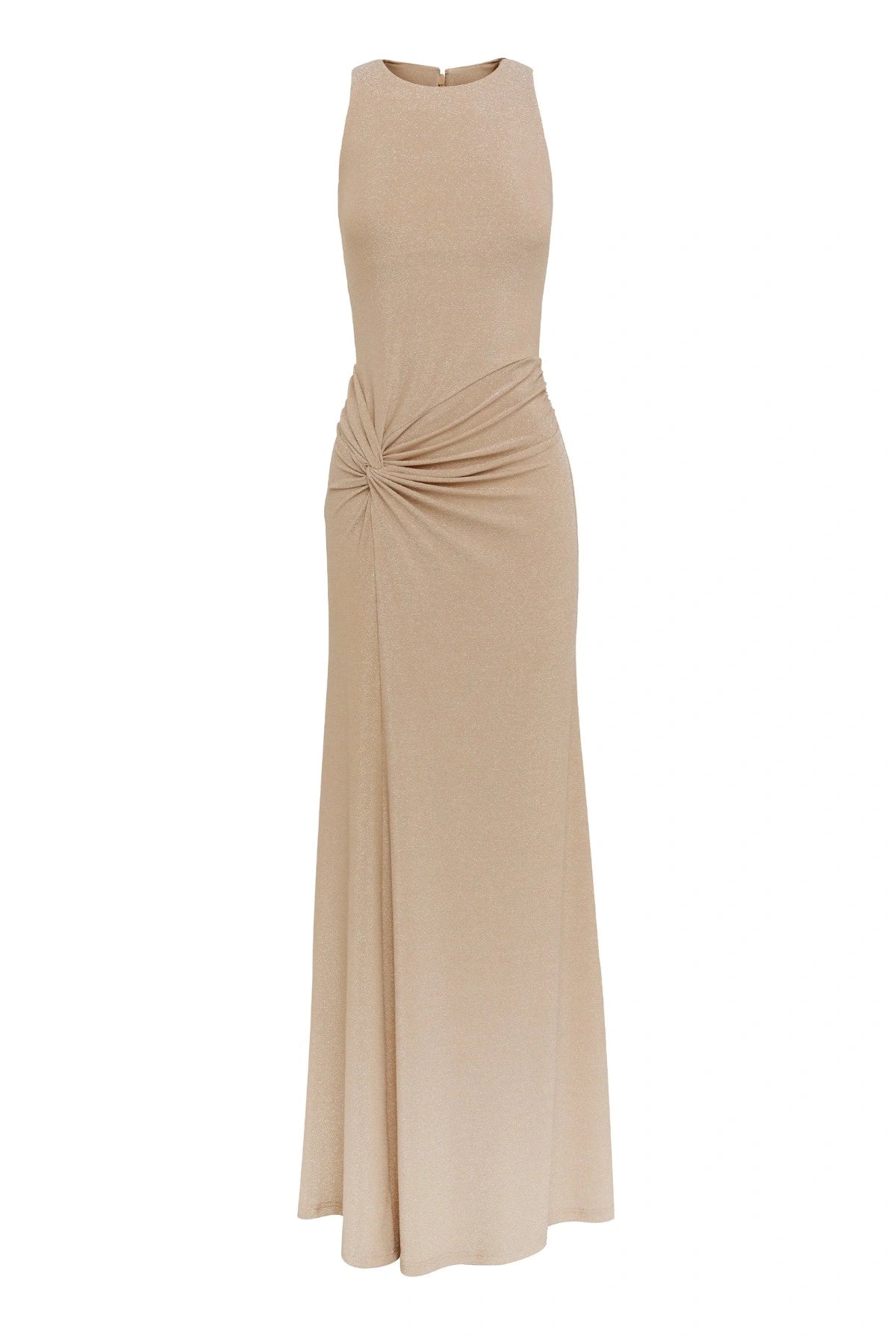 Adore You Maxi Dress by Mossman, a metallic jersey racer maxi with twist waist and fluid skirt that shimmers for weddings or evening events. 