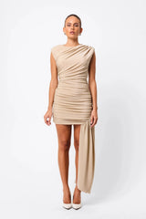 Adore You Mini Dress in Gold by Mossman, a metallic jersey mini with structured shoulders, draped bodice, and asymmetric sash for bold evening glamour.