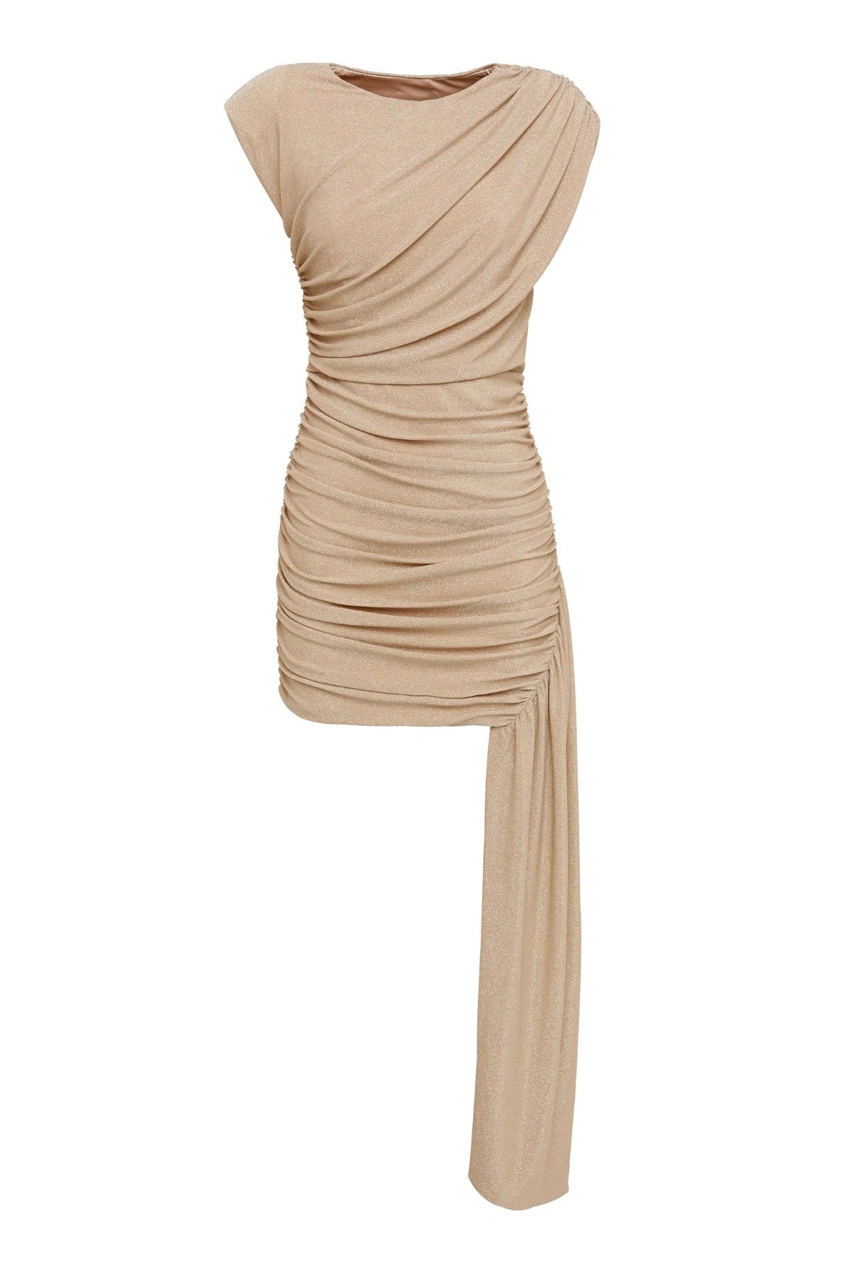 Adore You Mini Dress in Gold by Mossman, a metallic jersey mini with structured shoulders, draped bodice, and asymmetric sash for bold evening glamour.