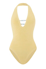 Adriana Beaded Swim Butter by Hunza G - crinkle one piece with plunge neckline and bead detail, designed for a sculpted elegant silhouette.