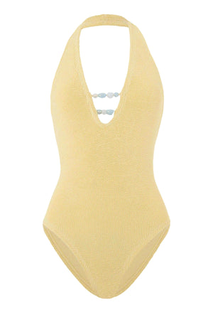 Adriana Beaded Swim Butter by Hunza G - crinkle one piece with plunge neckline and bead detail, designed for a sculpted elegant silhouette.