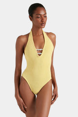 Adriana Beaded Swim Butter by Hunza G - crinkle one piece with plunge neckline and bead detail, designed for a sculpted elegant silhouette.