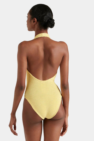 Adriana Beaded Swim Butter by Hunza G - crinkle one piece with plunge neckline and bead detail, designed for a sculpted elegant silhouette.