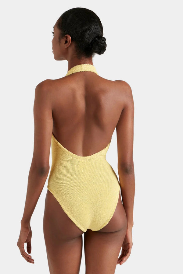 Adriana Beaded Swim Butter by Hunza G - crinkle one piece with plunge neckline and bead detail, designed for a sculpted elegant silhouette.