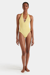 Adriana Beaded Swim Butter by Hunza G - crinkle one piece with plunge neckline and bead detail, designed for a sculpted elegant silhouette.