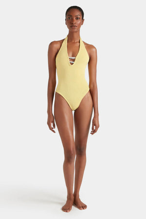 Adriana Beaded Swim Butter by Hunza G - crinkle one piece with plunge neckline and bead detail, designed for a sculpted elegant silhouette.