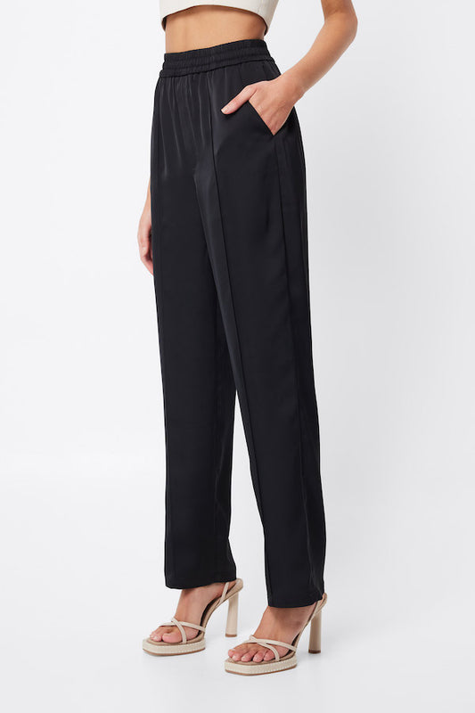 Adrift Pant Black by Mossman, satin pants with high waist and straight leg fit. Perfect for evening wear or polished outfits.