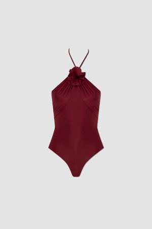 Agapi One Piece Carmesi by Maygel Coronel, halter swimsuit with floral detail and open back. Perfect for beach days or bold swim styling.