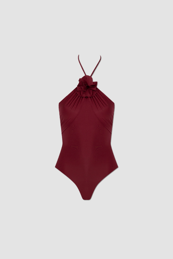 Agapi One Piece Carmesi by Maygel Coronel, halter swimsuit with floral detail and open back. Perfect for beach days or bold swim styling.