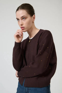 Agata Bomber Chocolate by Onte – cropped knit bomber with crystal embellishments and gold two way zip.